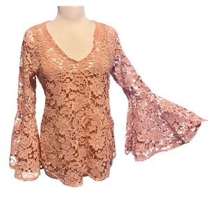 Julian Chang Lace Top Women Small Pink Excellent Bell Sleeve Floral 2pc Set